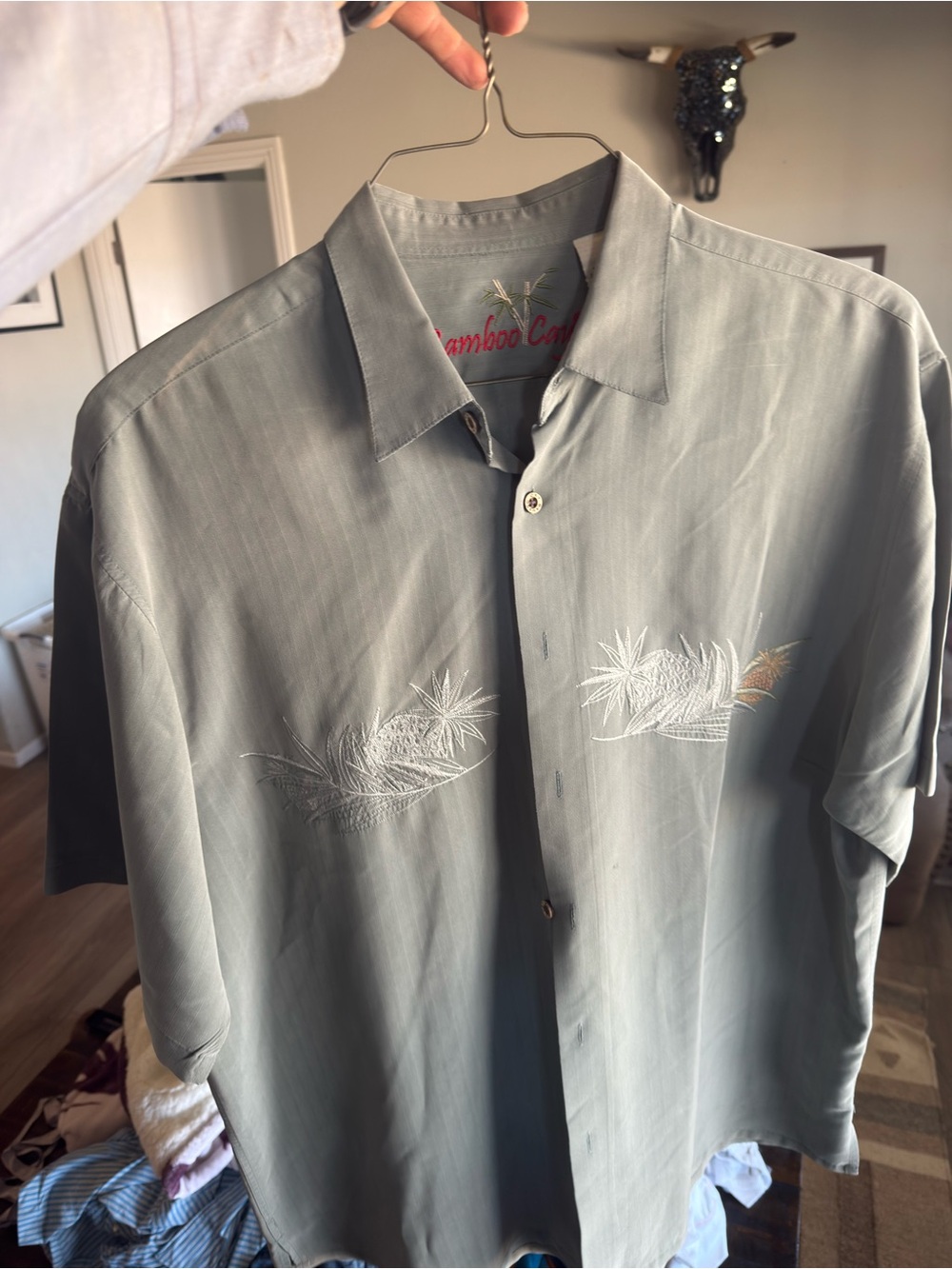 Men’s Sage Green Embroidered Camp Button-Down Shirt